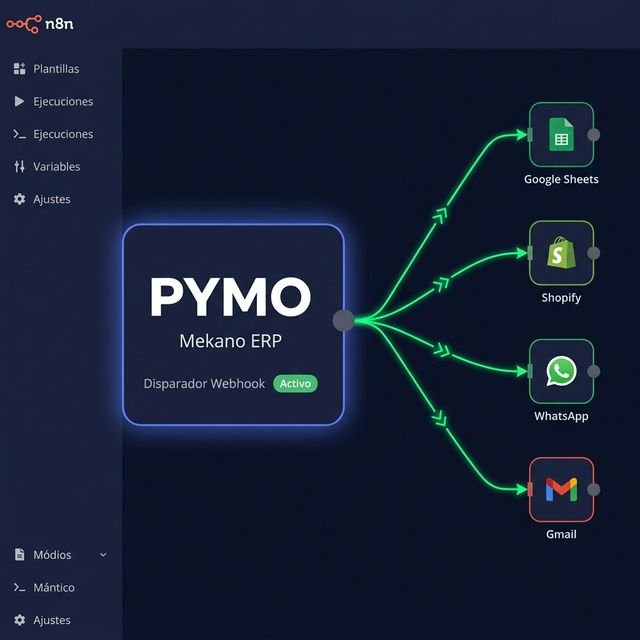 Flujo n8n conectando Mekano con Google Sheets, Shopify, WhatsApp y Gmail